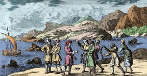 Noituus ja uskomukset: suomalainen ja saamelainen provosoimassa myrskyä kolmen solmun taikuudella. Kaiverrus Johann Zahnin (1631-1707) "Mundi Mirabilis Oeconomiasta" tekijältä Unknown artist