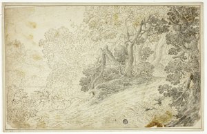 Metsäinen jokimaisema näköalalla linnalle tekijältä Unknown artist