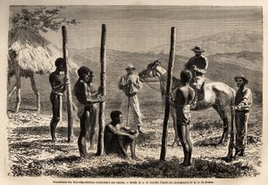 Työläiset Uusilta Hebrideiltä (tai vuodesta 1980 Vanuatun tasavallasta, Melanesian saaristosta Pohjois-Uuden-Kaledoniassa), rakentamassa taloa, jonka kirjailija tapaa hevosretken aikana. Engravure pour illustrrer le voyage à la Nouvelle Caledonie, tekijältä Unknown artist