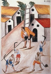 Nuoret intiaanit pelaamassa palloa, Trujillon piispan (1782-1785) Baltazar Martinez Compañón y Bujandan kirjasta "Trujillo del Peru" tai "Códice Martínez Compañón" tekijältä Unknown artist