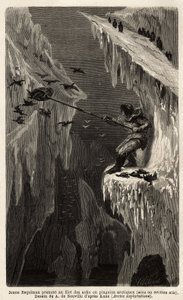 Nuori eskimau pyydystää arktisia pingviinejä. Kaiverrus havainnollistamaan matkaa arktisen navan vapaalle merelle, tohtori Hayesin, Yhdysvaltain laivaston kirurgin, vuosina 1860-1862, julkaistiin "Le tour du monde, nouveau journal des voyages", toimittanut tekijältä Unknown artist