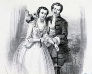 Nuori mies seurustelee nuoren naisen kanssa, deb. 1800-luvulla tekijältä Unknown artist