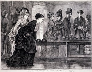 Nuoret naiset pelaamassa keilailua, Yhdysvalloissa, noin 1870 - kaiverrus tekijältä Unknown artist