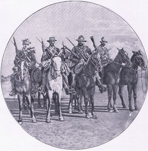 Buurit kivääreillä ja sateenvarjoilla, Harmsworth Bros Limitedin julkaisemasta After Pretoria: The Guerilla War -sarjasta tekijältä Unknown photographer