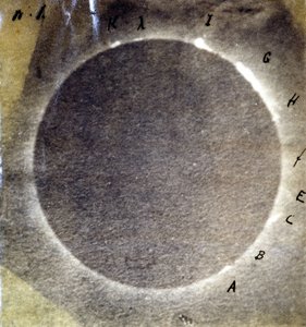 Valokuva täydellisestä auringonpimennyksestä 18. heinäkuuta 1860 ja tutkimus tuloksena olevista kevyistä ulkonemista tekijältä Unknown photographer
