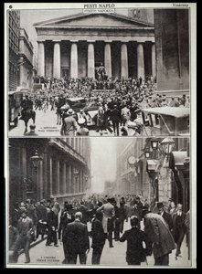 Ylhäällä: Wall Streetin mustat päivät; alhaalla: Lontoon pörssi vuoden 1929 romahduksen aikaan, Pesti Naplo -teoksesta. tekijältä Unknown photographer