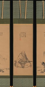 Zen-mestari meditaatiohenkilökunnan kanssa ja kiinalaistyylisiä maisemia, luultavasti 1620-luvun lopulla-1644. tekijältä Unkoku Toeki
