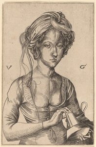 Rintakuva typerästä neitsytestä, joka pitää kädessään käänteistä lamppuaan tekijältä Urs Graf I after Martin Schongauer