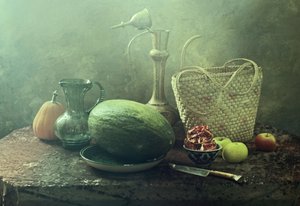 Maalaishenkinen meloni-asetelma
