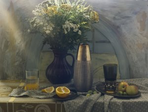 Luonnonkukkia ja tuoreita hedelmiä