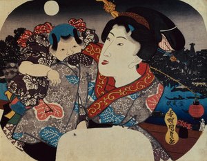 Nainen kantaa lasta selässään (puukiviprintti) tekijältä Utagawa Kunisada