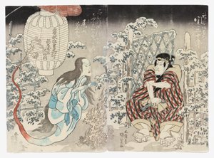 Seki Sanjūrō II Kamiya Niemonina ja Onoe Kikugorō III Kamigatasta (Kudari) Lyhtyhenki, jota taputetaan kaikissa kolmessa kaupungissa (Sanganotsu gohyōban no chōchin no yūrei).