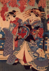 Kaksi naista kukkapuutarhassa, Utagawa Kunisada, puupiirros, kreponitekniikka