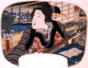 Talvi, Shinobazu Pond; Geisha harjoittelee balladia, design fanille neljän vuodenaikoja kuvaavasta sarjasta tekijältä Utagawa Kunisada