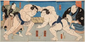 Combat des lutteurs de sumo Shiranui et Jimmaku. Estampe de Utagawa Kunisada (1786-1865), versus 1860 - Painiottelu Shiranui vs Jimmaku, kirjoittaja Kunisada (Toyokuni III), Utagawa (1786-1865). Värillinen puupiirros tekijältä Utagawa Kunisada
