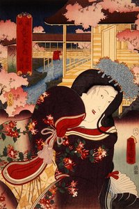 Hana-no-en bansho Katsuragi Genji mitate hakkei no uchi (kukkajuhla, iltakello: Katsuragi), n. 1808-58 tekijältä Utagawa Kunisada