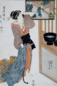 Tigerin tunti, seitsemäs aamun tunti, n. 1818, Ukiyo-e-taidevedos, Utagawa Kunisada (1786-1865) teoksesta The 12 hours in Yoshiwara, Oban-tate-e-puupiirros, 37x24,9 cm, japanilainen sivilisaatio tekijältä Utagawa Kunisada