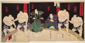 Sumopainien Umegatanin ja Sakaigawan taistelu. Painos Utagawa Kuniaki (1835-1888) tekijältä Utagawa  Kuniaki
