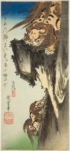 Leijona kouluttaa pentua tekijältä Utagawa Hiroshige