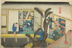 Akasaka: Tarjoilijat majatalossa (Akasaka, ryosha shofu no zu), sarjasta "Fifty-three Stations of the Tokaido (Tokaido gojusan tsugi no uchi)," tunnetaan myös nimellä Hoeido Tokaido tekijältä Utagawa Hiroshige