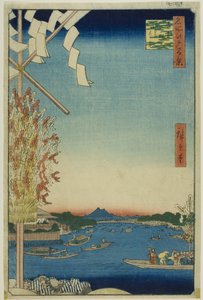 Asakusa-joki, Suuri jokiranta, Miyato-joki (Asakusagawa Okawabata Miyatogawa), sarjasta "Sata kuuluisaa näkymää Edosta (Meisho Edo hyakkei)". tekijältä Utagawa Hiroshige