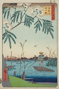 Ayase-joki ja Kanegafuchi (Ayasegawa Kanegafuchi), nro 63 sarjasta "Sata kuuluisaa näkymää Edosta (Meisho Edo hyakkei)". tekijältä Utagawa Hiroshige