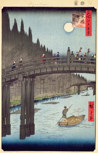 Bamboo Yards, Kyobashi Bridge, nro 76 julkaisusta One Hundred Views of Edo, Edo Period, Ansei Era, julkaistu 1857 (väripuupainatus) tekijältä Utagawa Hiroshige