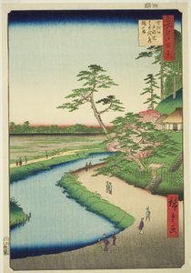 Bashon maja kameliamäellä Sekiguchin vesitien vieressä (Sekiguchi josui-bata Bashoan Tsubakiyama), sarjasta "Sata kuuluisaa näkymää Edosta (Meisho Edo hyakkei)". tekijältä Utagawa Hiroshige