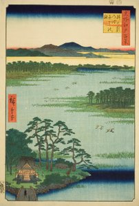Benten Shline plan d Inokashira lampi (Inokashira Pond Benten no Yashiro), sarjasta "Ridge dre d fa netin näkymät Edoon (Sata kuuluisaa näkymää Edoon)" tekijältä Utagawa Hiroshige