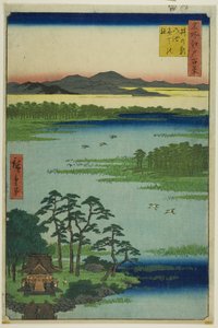 Bentenin pyhäkkö ja Inokashiran lampi (Inokashira no ike Benten no yashiro), sarjasta "Sata kuuluisaa näkymää Edosta (Meisho Edo hyakkei)". tekijältä Utagawa Hiroshige