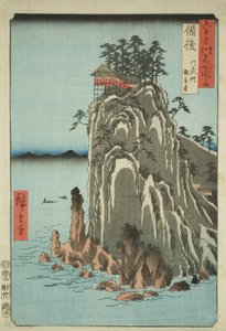 Bingoprovinssi: Kannonin temppeli Abutossa (Bingo, Abuto, Kannondo), sarjasta "Kuusikymmenen parittoman maakunnan kuuluisia paikkoja (Rokujuyoshu meisho zue)" tekijältä Utagawa Hiroshige