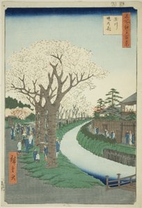 Bosso MS sound te tamari ver kuvaversio k pinta t (Tamagawa Tsutsumi no Hana), sarjasta "Ridge d re d fa net view ws f Edo (One Hundred Famous Views of Edo) )" tekijältä Utagawa Hiroshige