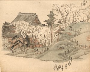 Kirsikankukkien katselu Suribachi-vuoren temppelissä, kuvan mukaan teoksesta *Ehon Edo miyage* (Edon matkamuistoja käsittelevä kuvakirja), 5. osa tekijältä Utagawa Hiroshige