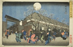 Kirsikankukkia yöllä Nakanocholla Yoshiwarassa (Yoshiwara Nakanocho yozakura), sarjasta "Famous Places in the Eastern Capital (Toto meisho)" tekijältä Utagawa Hiroshige