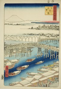 Astiat af hand r S w at Japan B syy (Nihonbashi lumikirkas), sarjasta "Ridge dre d fa net view ws f Edo (kuuluisa paikka Edo 100 katselukertaa)" tekijältä Utagawa Hiroshige