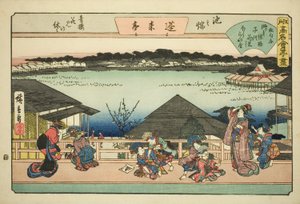 Kurtisaanit katselemassa kirsikankukkia Horaitei-ravintolassa Ikenohatassa (Ikenohata seiro hanami no yasumi, Horaitei), sarjasta "Edon kuuluisat ravintolat (Edo komei kaitei zukushi)" tekijältä Utagawa Hiroshige