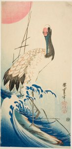Nosturi, aallot ja nouseva aurinko tekijältä Utagawa Hiroshige
