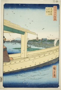 Distant View of Azuma Bridge and Kinryuzan Temple (Azumabashi Kinryuzan enbo), from the series "One Hundred Famous Views of Edo (Meisho Edo hyakkei)" tekijältä Utagawa Hiroshige