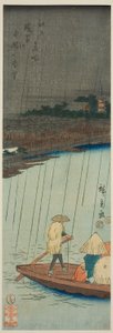 Kaukainen näkymä Kinryuzanin temppeliin Asakusa-joelta, sarjasta "Edon kuuluisia paikkoja (Edo meisho)" tekijältä Utagawa Hiroshige