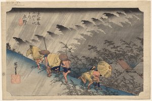 Driving Rain Shonossa (asema 46) sarjasta Fifty-Three Stations of the Tokaido tekijältä Utagawa Hiroshige