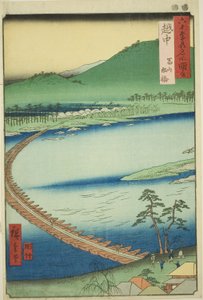 Etchun maakunta: Pontoonisilta Toyamassa (Etchu, Toyama funabashi), sarjasta "Famous Places in the Sixty-odd Provinces (Rokujuyoshu meisho zue)" tekijältä Utagawa Hiroshige