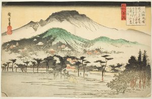 Iltakello Mii-temppelissä (Mii bansho), sarjasta "Kahdeksan näkymää Omiin (Omi hakkei no uchi)" tekijältä Utagawa Hiroshige
