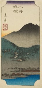 Iltakellot Miissä (Mii bansho), osa arkkia sarjasta "Kahdeksan näkymää Omista (Omi hakkei)" tekijältä Utagawa Hiroshige
