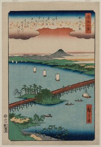 Iltahohto Setassa sarjasta Eight Views of Ōmi tekijältä Utagawa Hiroshige