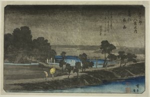 Iltasade Azuman pyhäkössä (Azuma no mori yau), sarjasta "Kahdeksan näkymää Edon ympäristössä (Edo Kinko hakkei no uchi)" tekijältä Utagawa Hiroshige