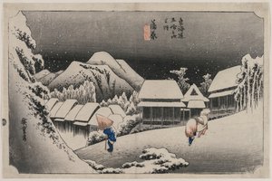 Illan lumi Kambarassa (numero kuusitoista sarjassa Fifty-3 Stations of the Tokaido) tekijältä Utagawa Hiroshige