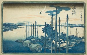 Vuoden ensimmäinen käki Tsukudan saarella (Tsukudajima, hatsu hototogisu), sarjasta "Itäisen pääkaupungin kuuluisia näkymiä (Toto Meisho)" tekijältä Utagawa Hiroshige