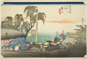 Fujikawa: Näkymä postin laitamille (Fujikawa, bohana no zu), sarjasta "Fifty-three Stations of the Tokaido (Tokaido gojusan tsugi no uchi)," tunnetaan myös nimellä Hoeido Tokaido tekijältä Utagawa Hiroshige