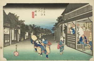 Goyu: Naiset pysäyttävät matkustajia (Goyu, tabibito tomeru onna), sarjasta "Fifty-three Stations of the Tokaido (Tokaido gojusan tsugi no uchi)", joka tunnetaan myös nimellä Hoeido Tokaido tekijältä Utagawa Hiroshige
