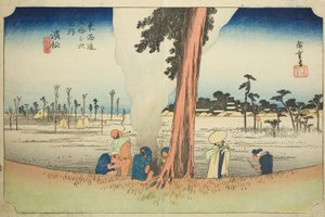 Hamamatsu: Talvikohtaus (Hamamatsu, fuyugare no zu), sarjasta "Fifty-three Stations of the Tokaido (Tokaido gojusan tsugi no uchi)," tunnetaan myös nimellä Hoeido Tokaido tekijältä Utagawa Hiroshige